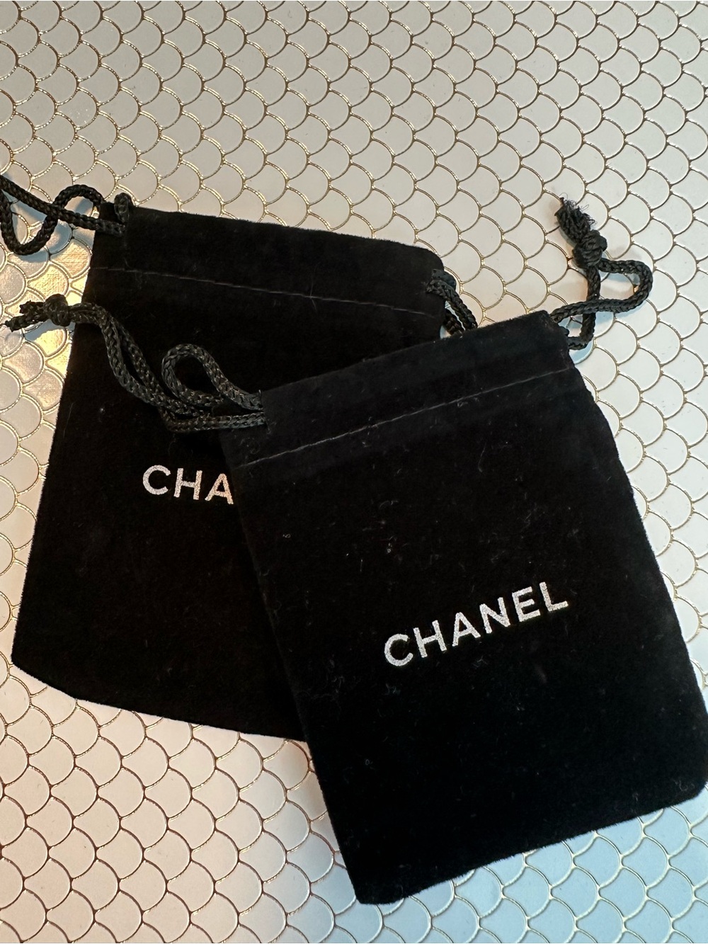 Two Chanel Faux Suede Drawstring Pouch Jewelry dust Bags